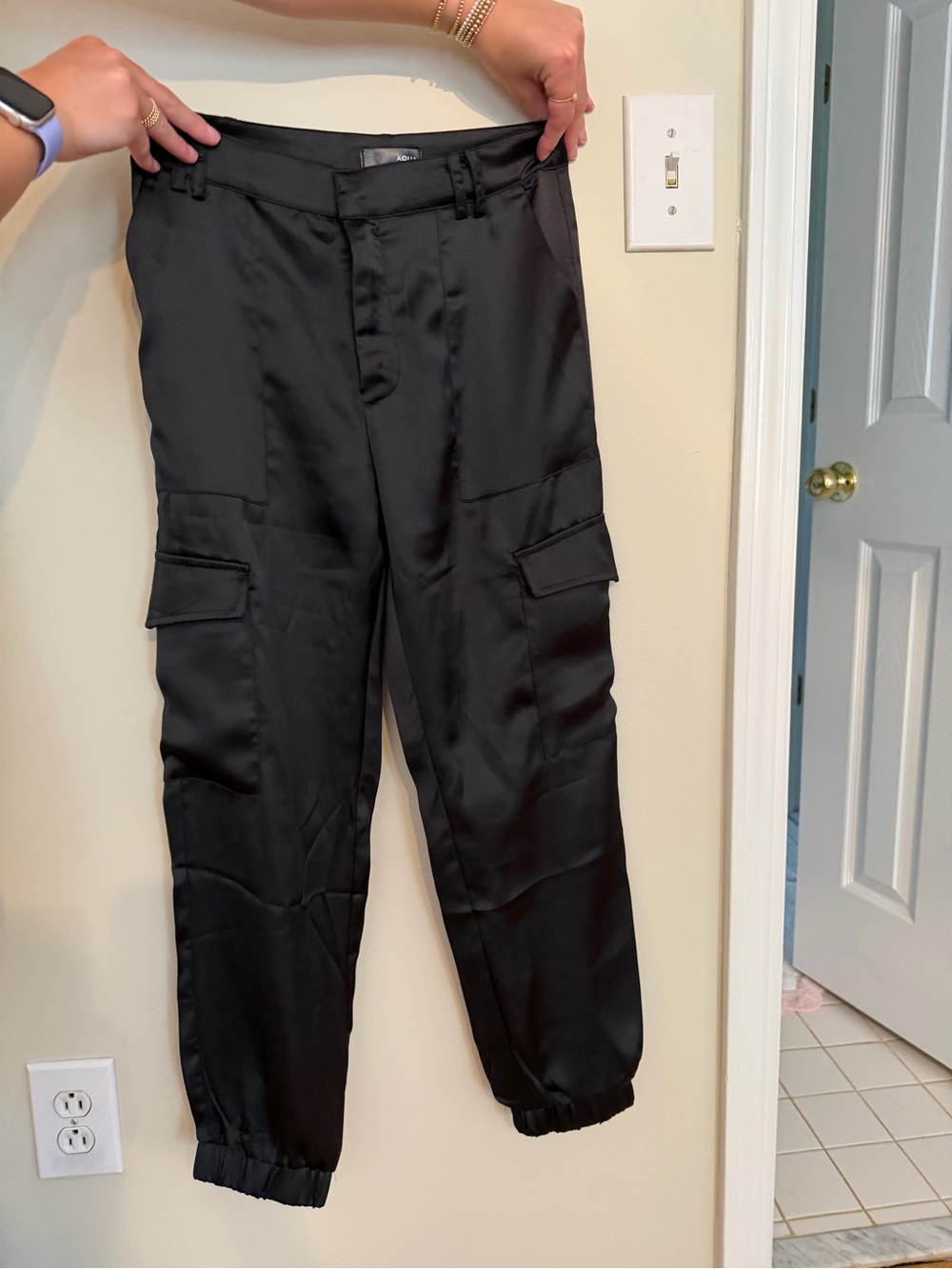 Aqua Black satin Cargo Jogger Pants